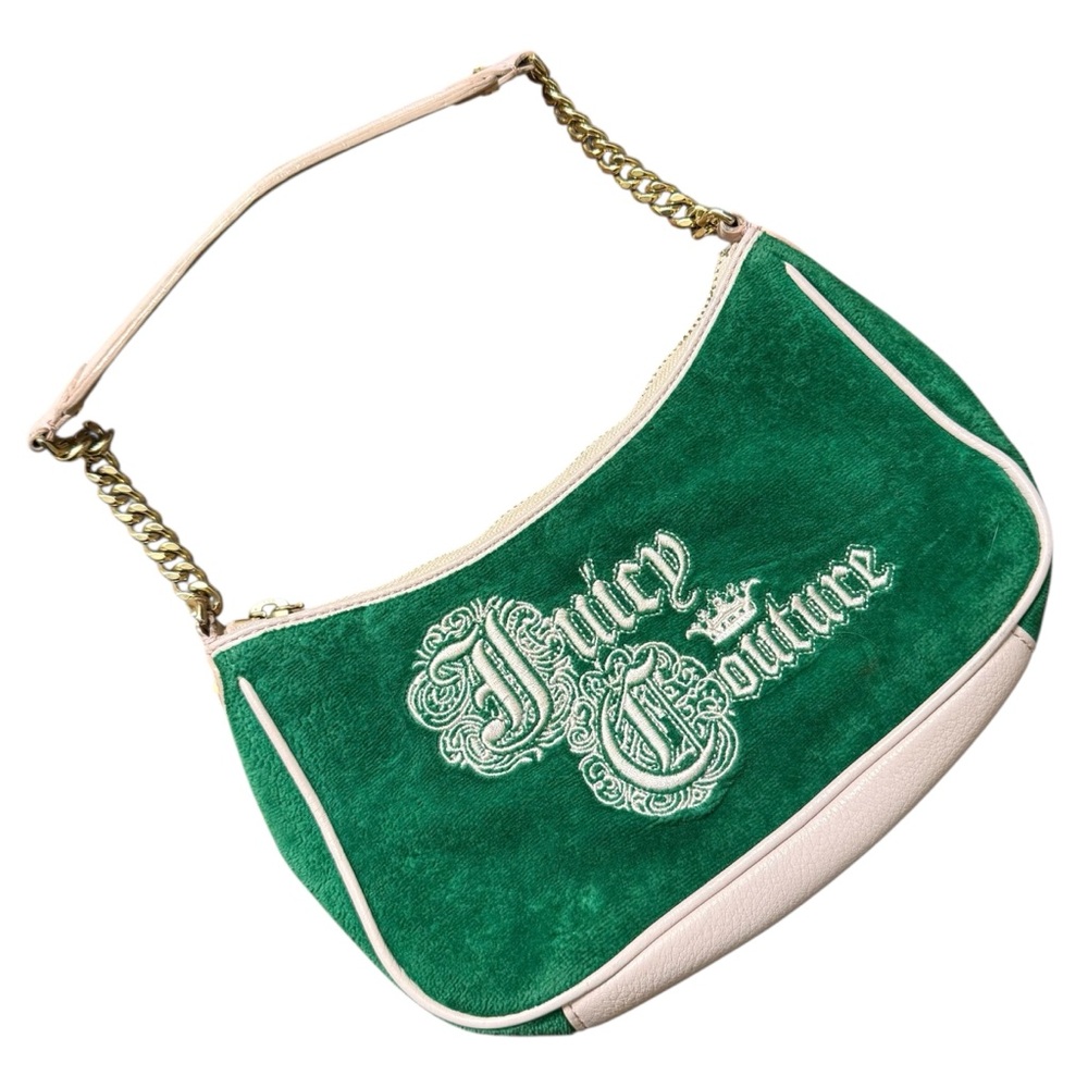 Juicy Couture Green Velour Baguette Shoulder Bag Y2K Velvet Purse Gold Chain J